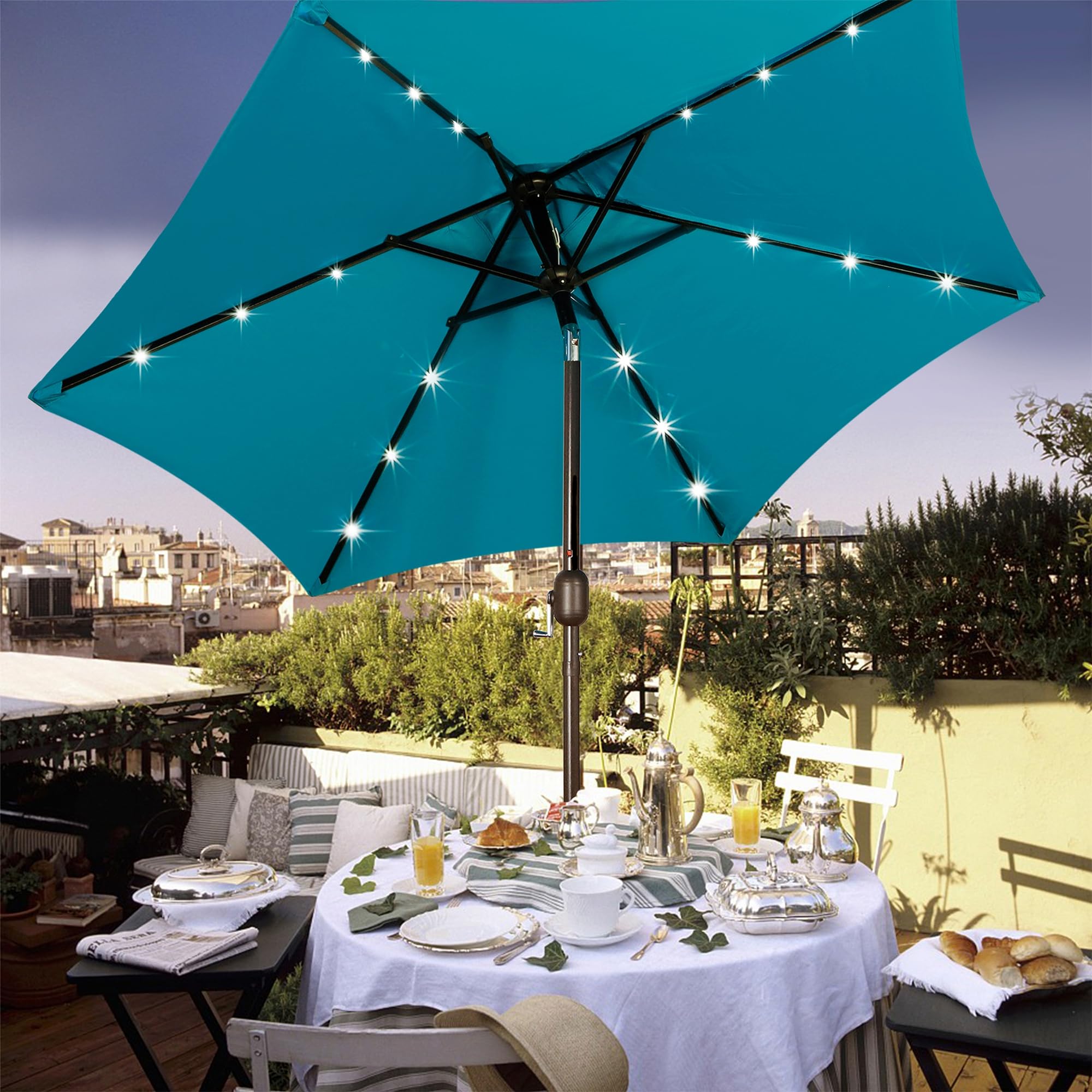 Blissun cerulean umbrella beside poolside with UV protection and comfort.
