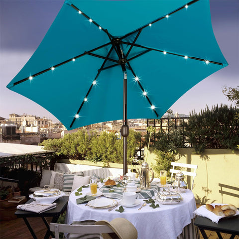 Blissun cerulean umbrella beside poolside with UV protection and comfort.