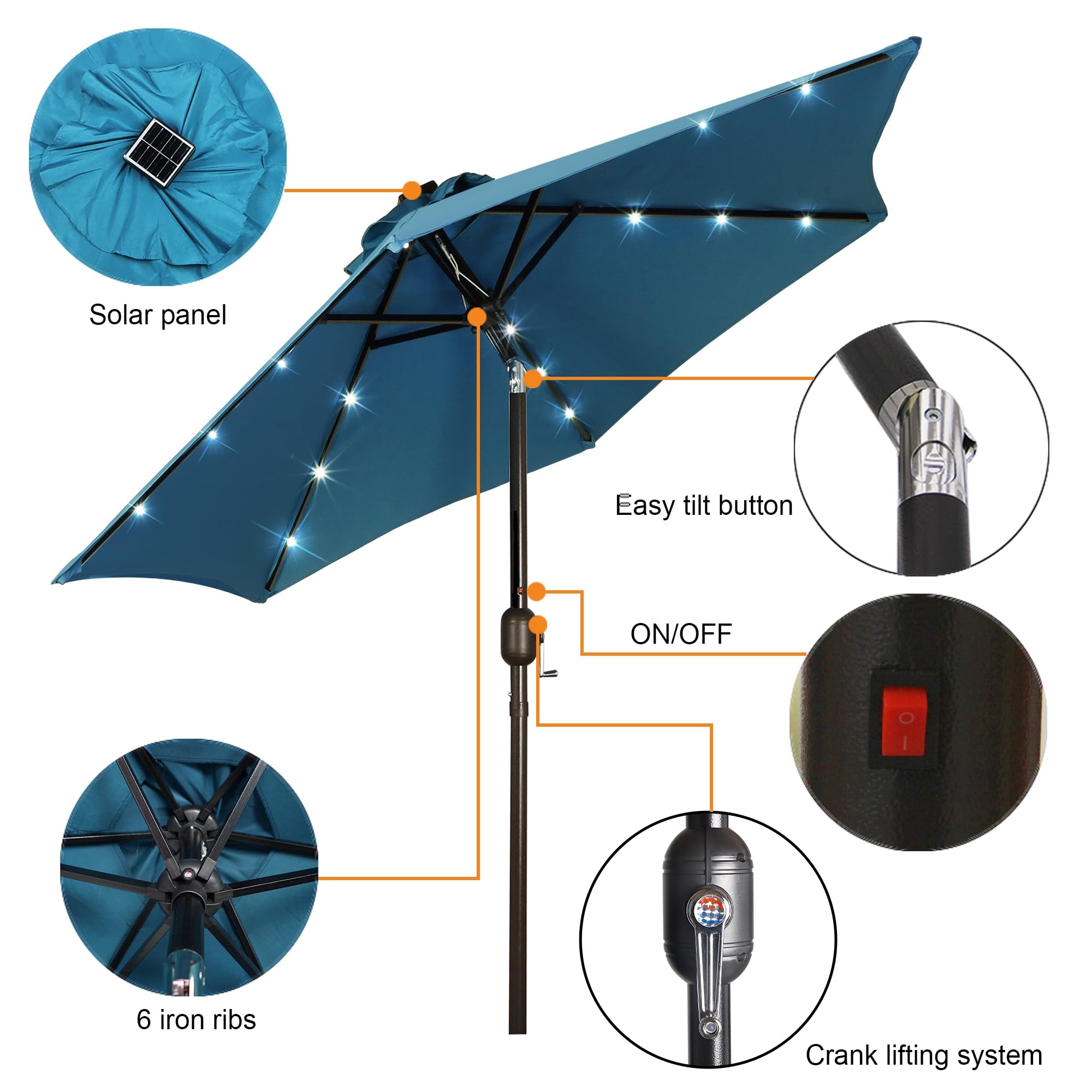 Blissun cerulean umbrella tilt function for adjustable daytime shading.