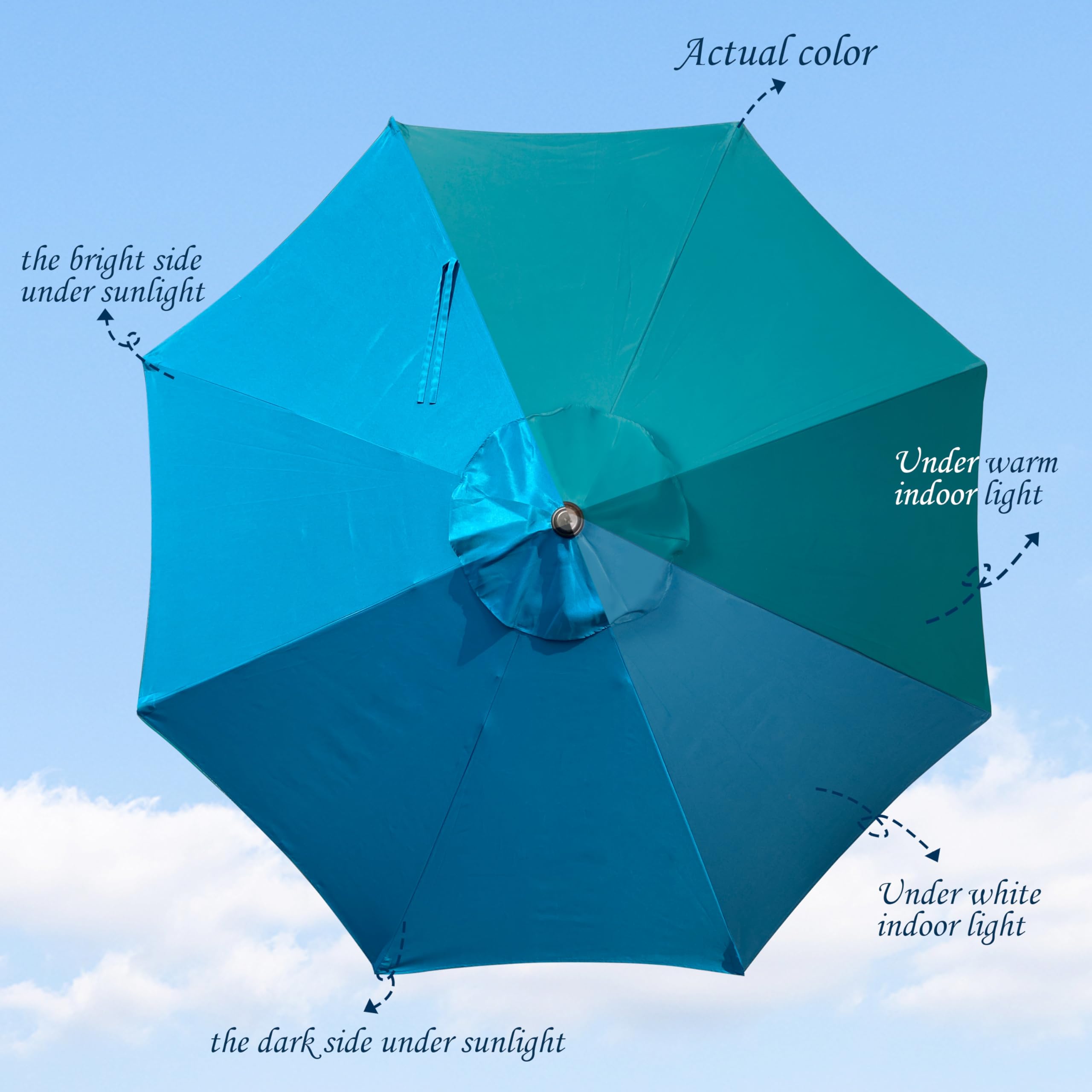 Blissun cerulean canopy fabric shows UV resistance for outdoor dining.