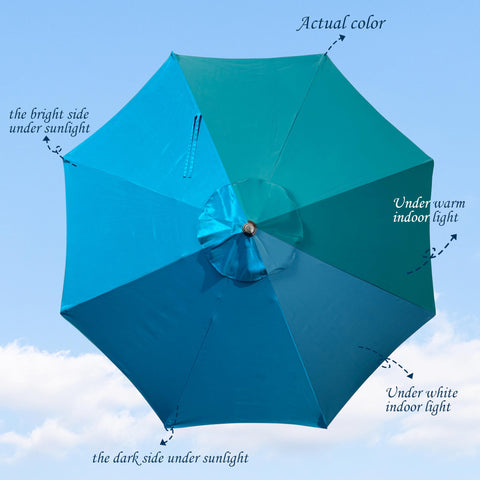 Blissun cerulean canopy fabric shows UV resistance for outdoor dining.