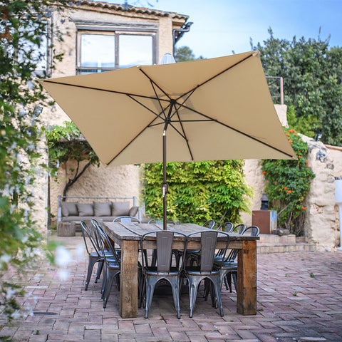 Blissun crank-operated patio umbrella simplifies opening and closing outdoors