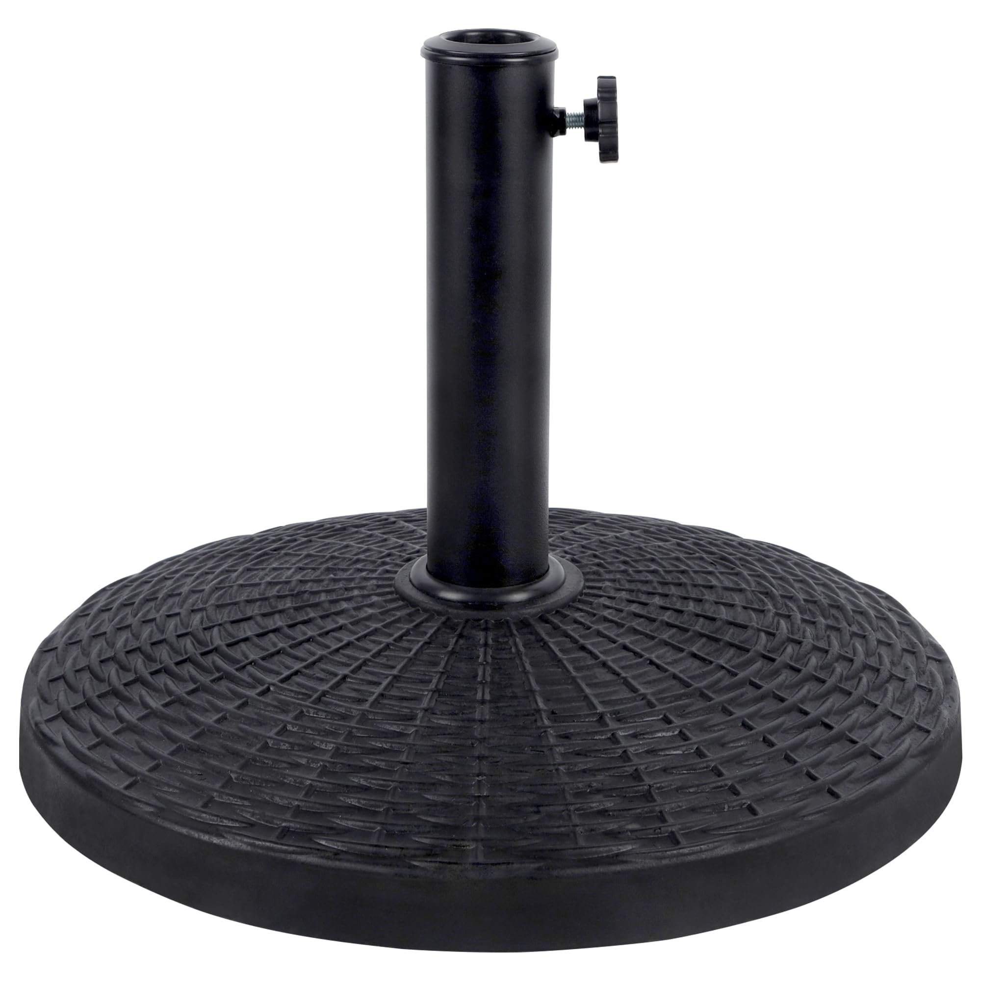 Blissun heavy-duty patio umbrella base close-up shows sturdy resin durability.