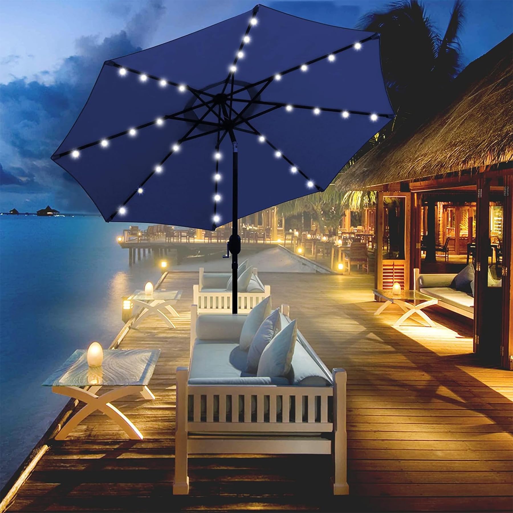 Blissun navy blue canopy adds classic outdoor style.