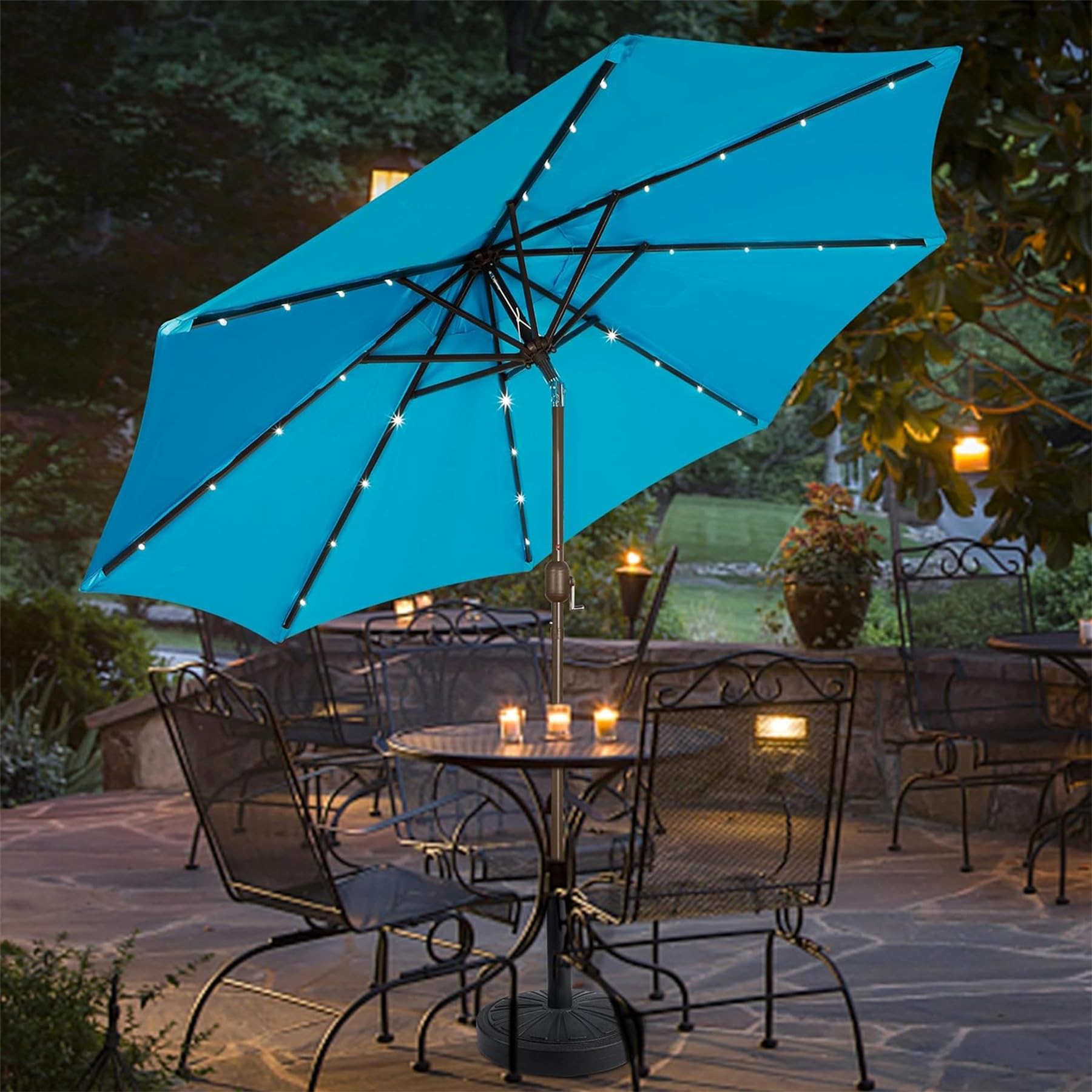 Blissun outdoor garden umbrella enhances backyard dining with stylish shade and light.