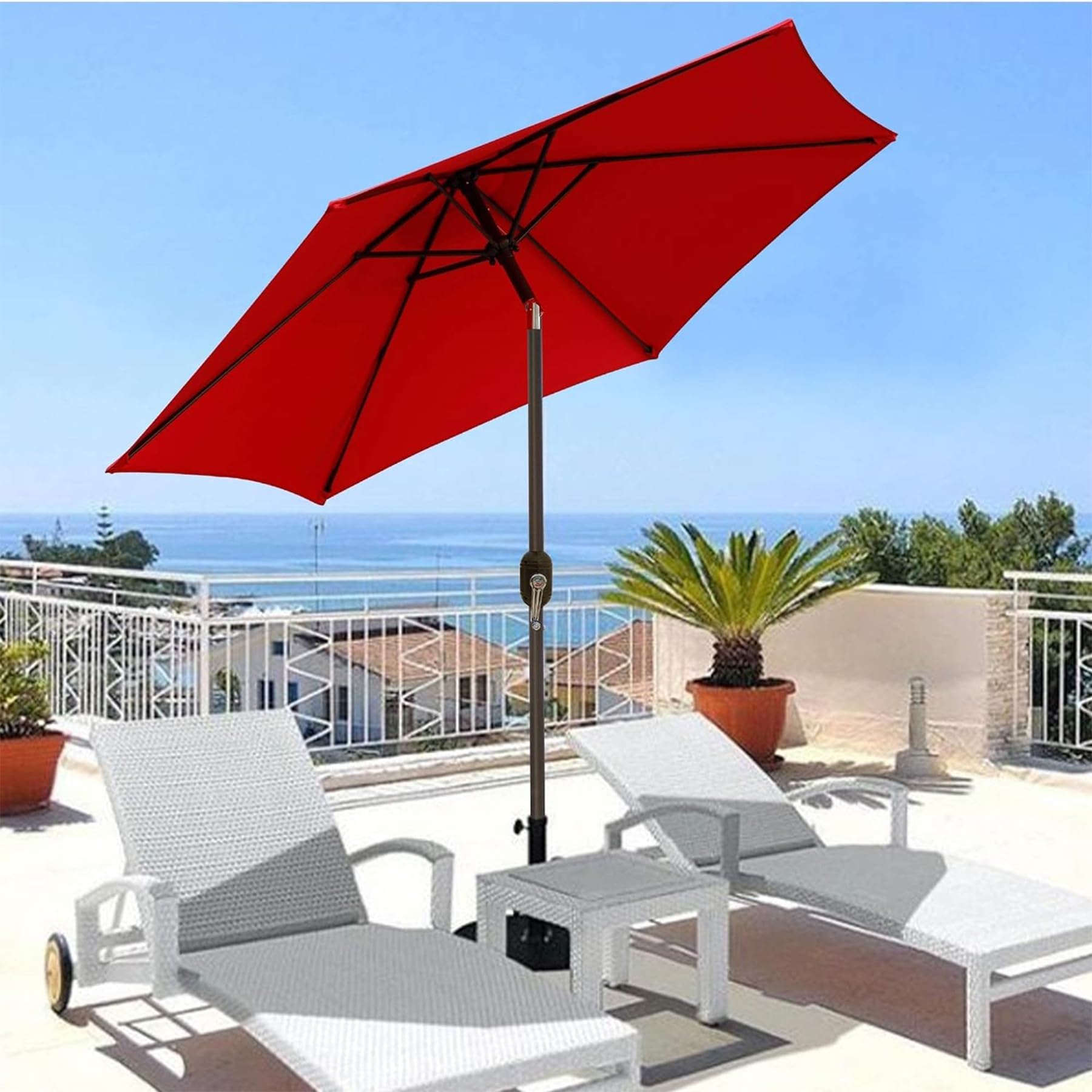 Blissun outdoor market umbrella in red suited for patios, cafes, and shops.