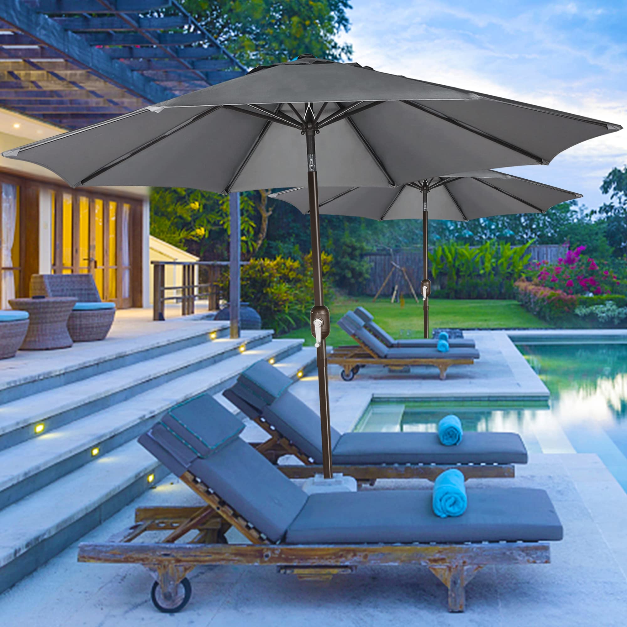 Blissun outdoor umbrella setup for patio, yard or poolside scenes