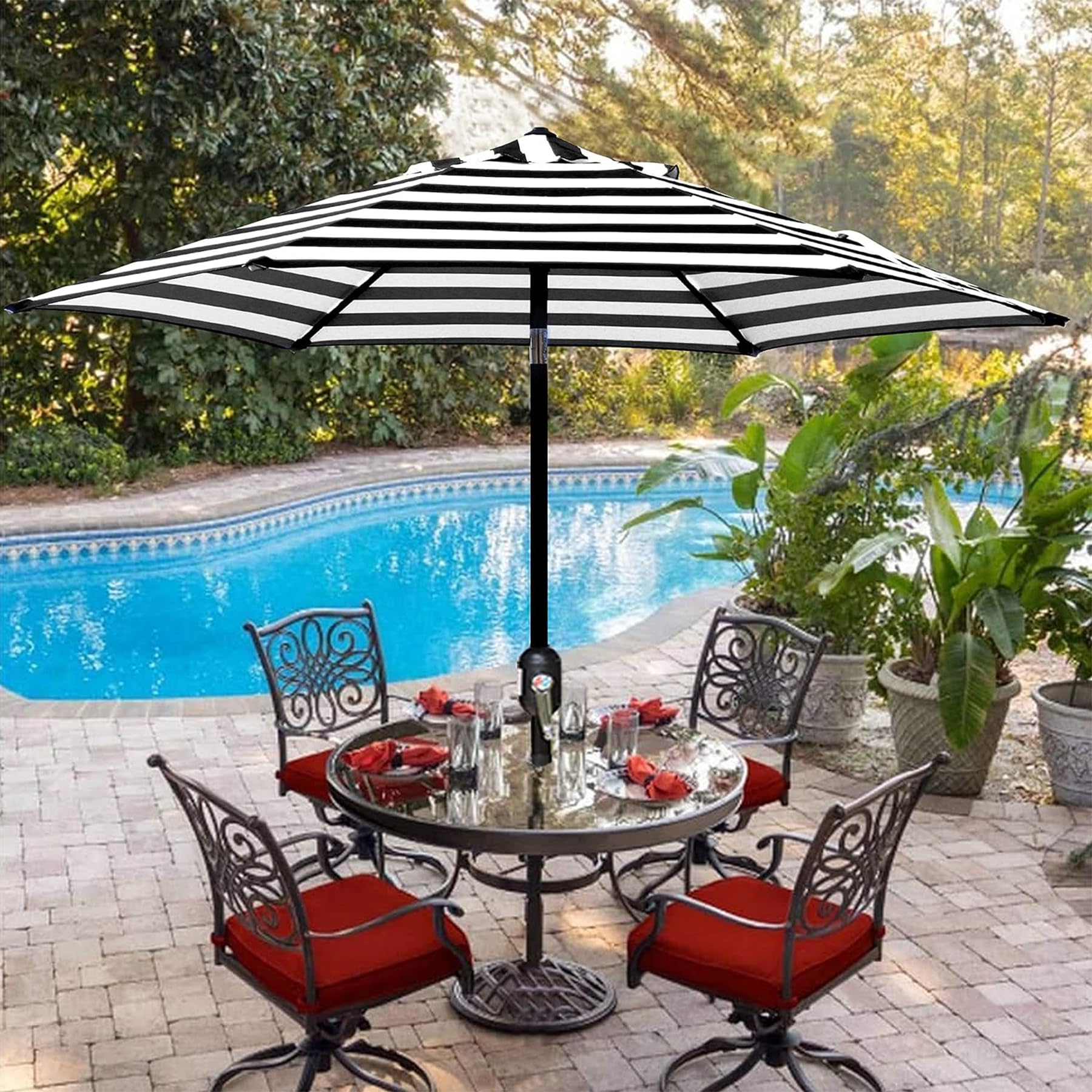 Blissun canopy in black and white adds modern outdoor style.