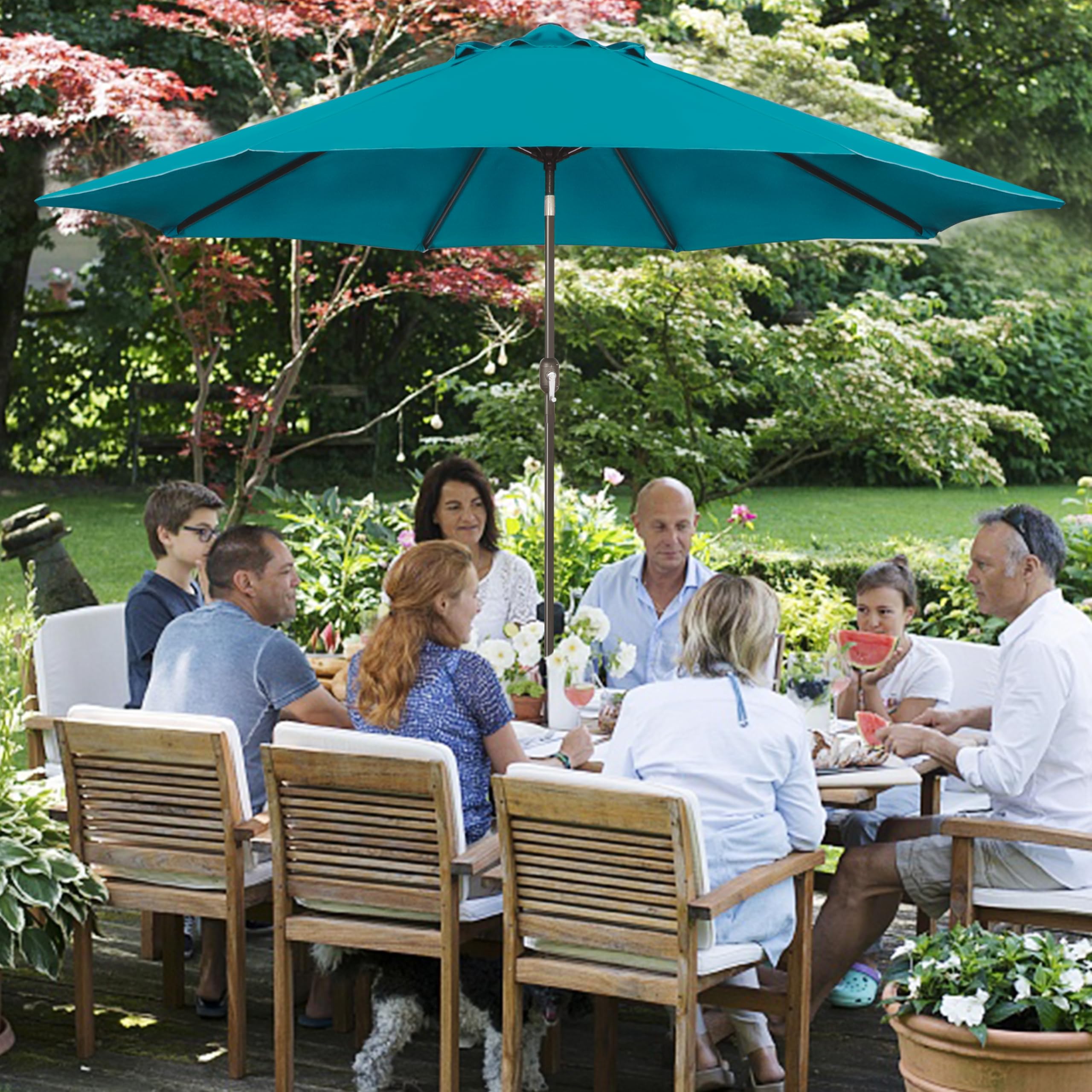 Blissun commercial-use cerulean umbrella suitable for cafes and patios.