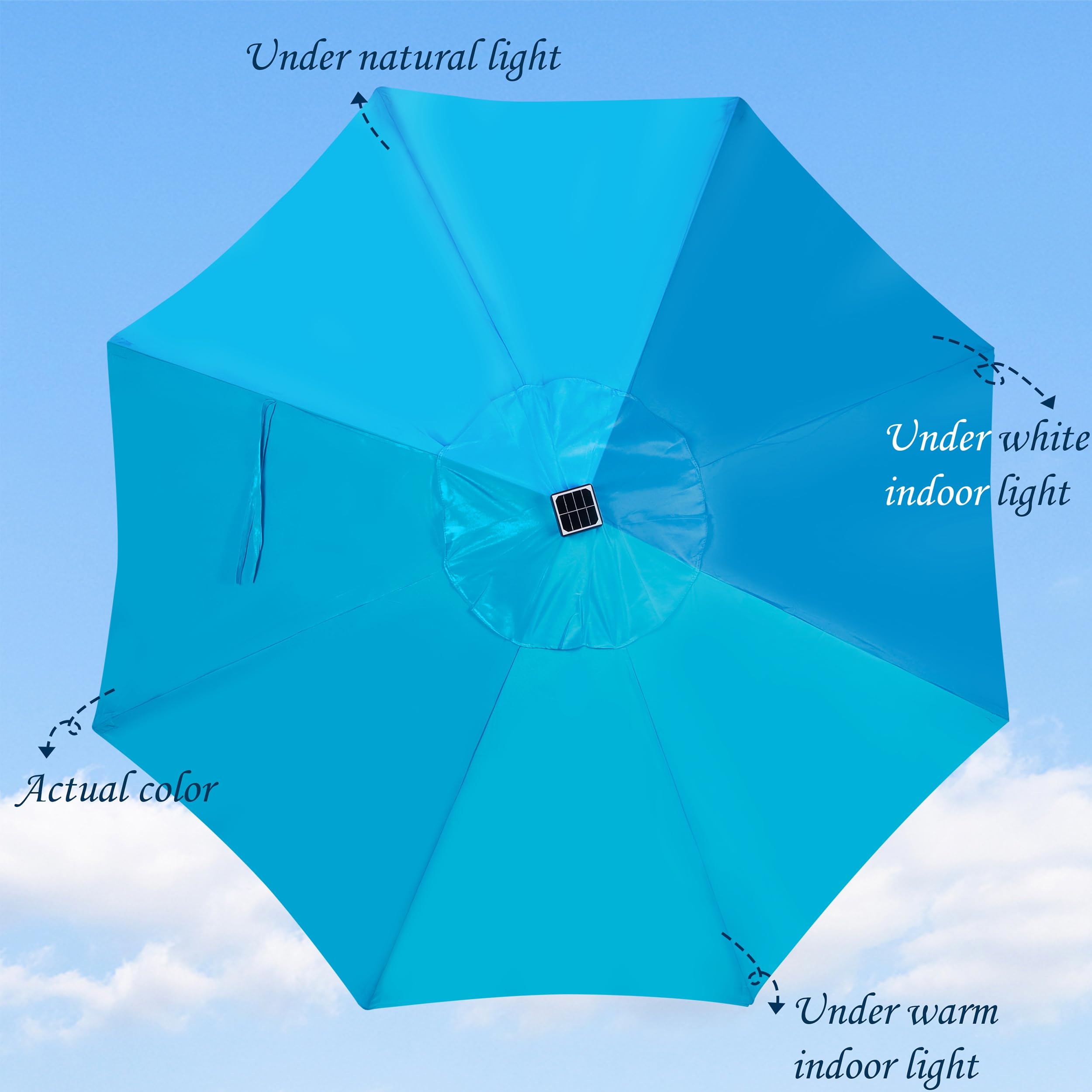 Blissun patio umbrella with integrated LED lights for ambient nighttime entertaining.