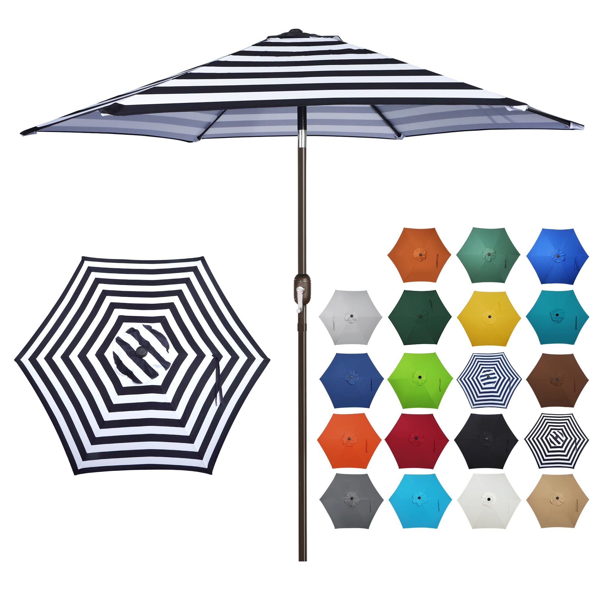 Blissun patio umbrella top view with wide black and white canopy for shade.