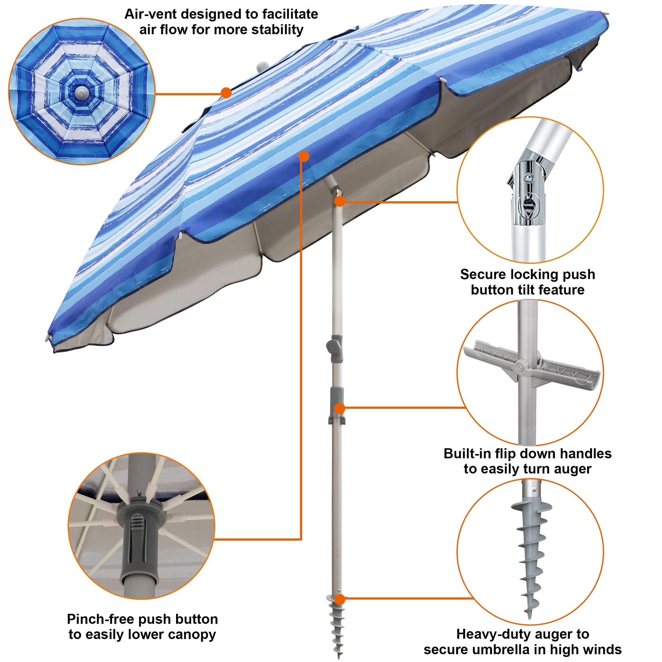 Blissun portable beach umbrella tilt pole enables easy sun-tracking throughout the day.