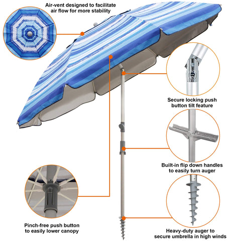 Blissun portable beach umbrella tilt pole enables easy sun-tracking throughout the day.
