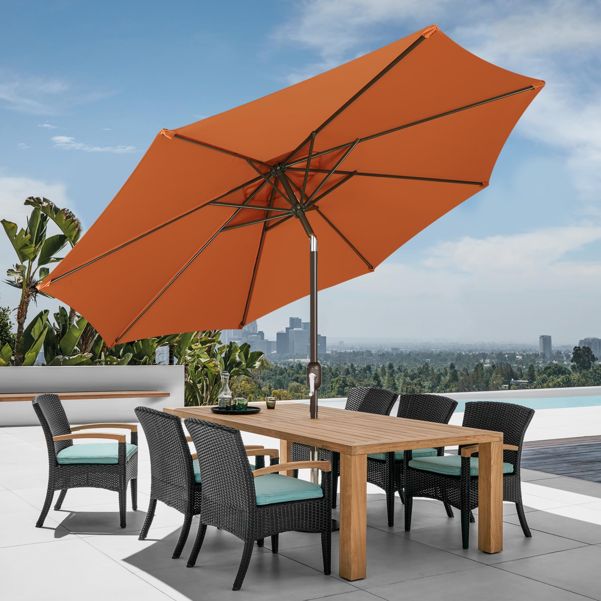 Blissun 9ft umbrella with powder-coated frame resists rust and weathering.
