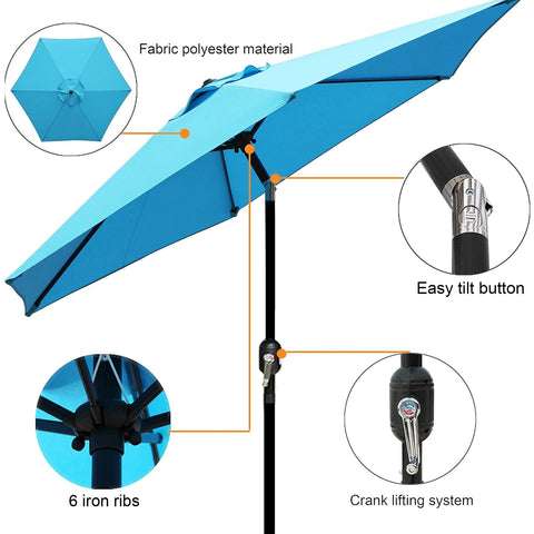 Blissun umbrella with push-button tilt crank for easy shade adjustments.