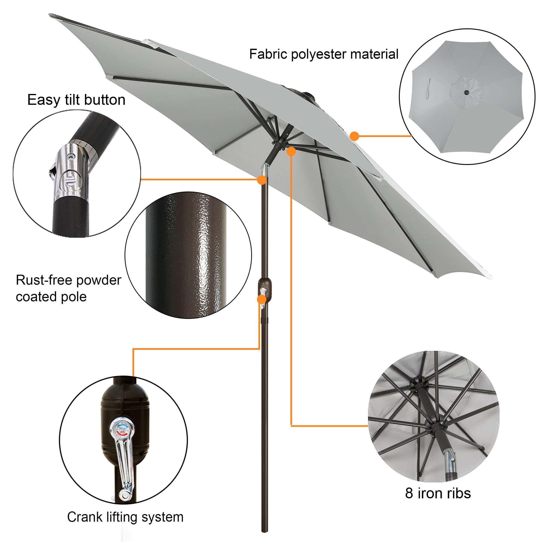 Blissun grey umbrella with push-button tilt for flexible shading.