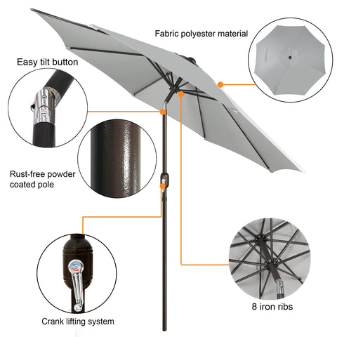 Blissun grey umbrella with push-button tilt for flexible shading.