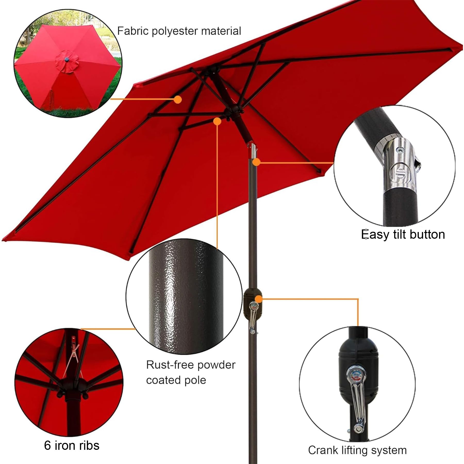 Blissun red outdoor umbrella shows push-button tilt for adjustable sun coverage.