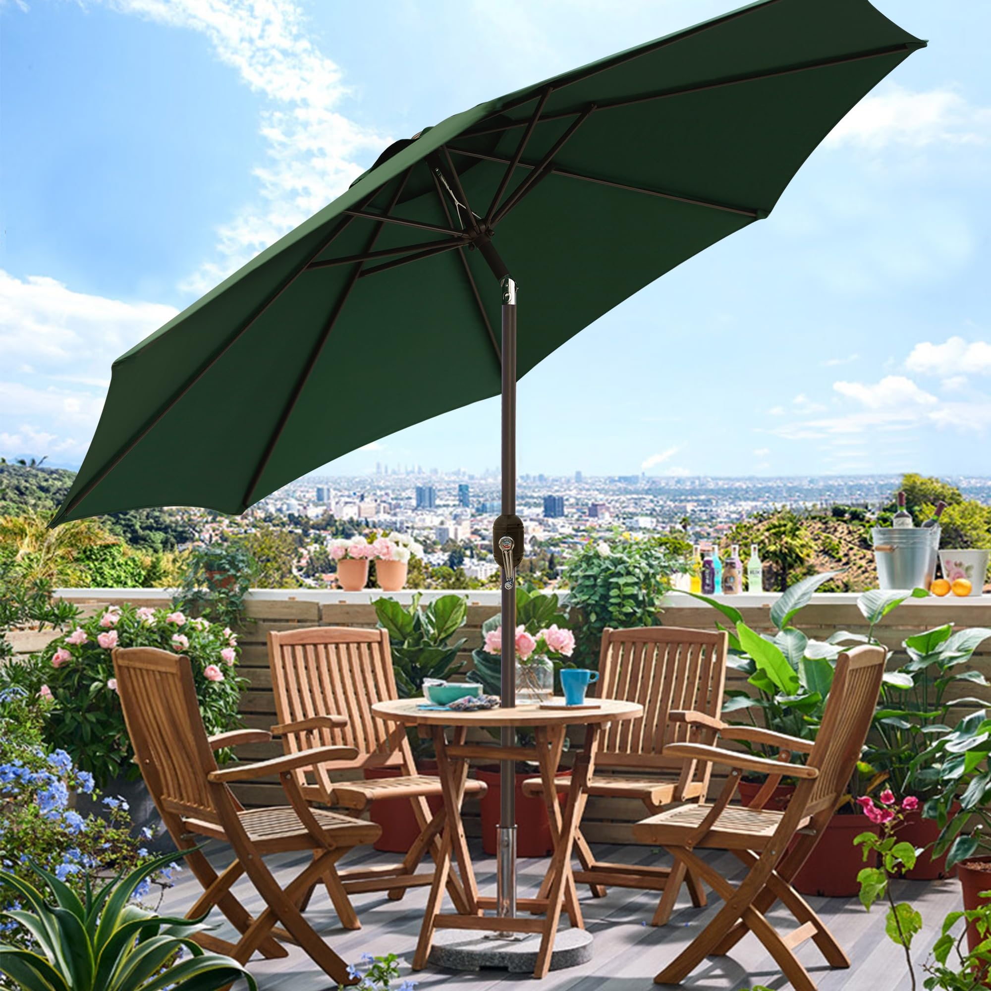 Blissun 9 ft shade fits 42-54 inch tables for outdoor seating.