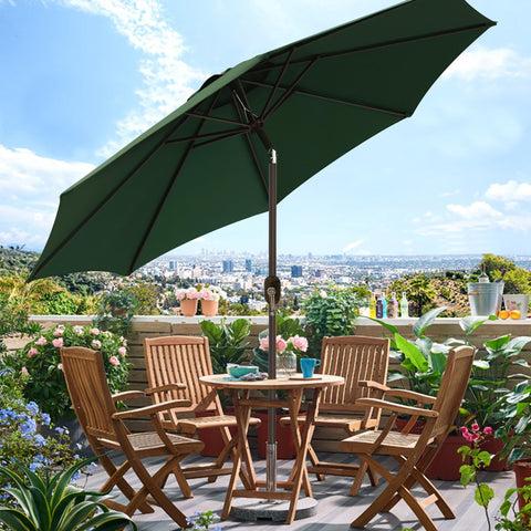Blissun 9 ft shade fits 42-54 inch tables for outdoor seating.
