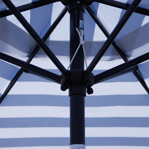 Blissun umbrella with push-button tilt for adjustable shade angles.