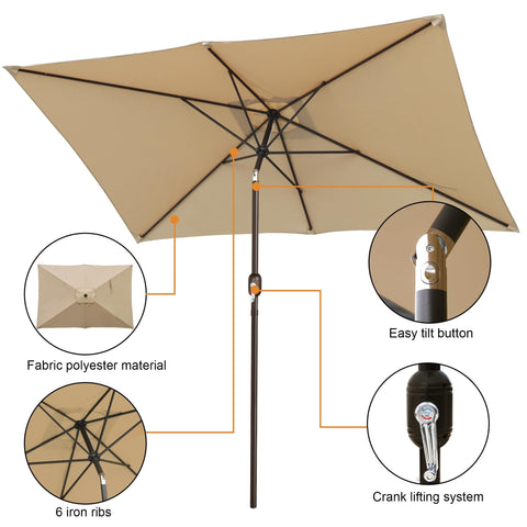 Blissun rectangular outdoor umbrella with crank open close in tan for easy setup