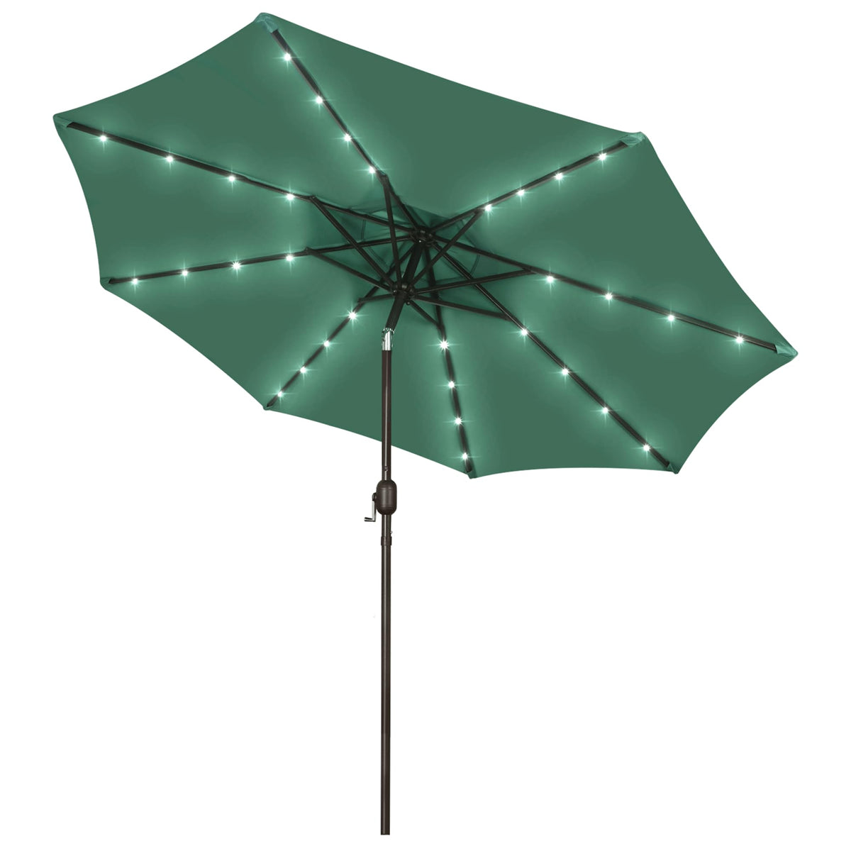 Blissun Seaglass 9ft solar umbrella open for shade and ambient lighting.