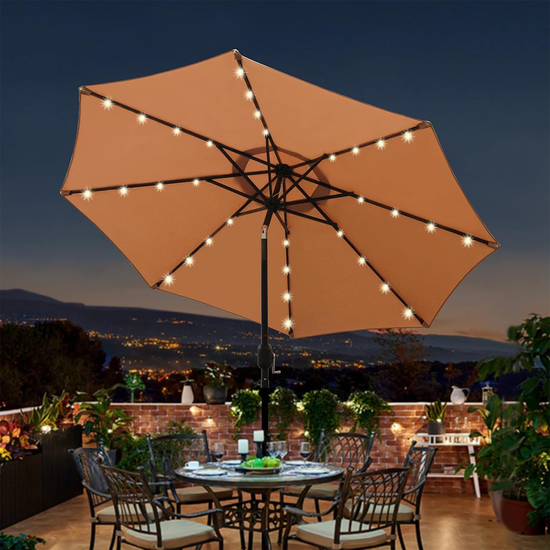 Blissun solar panel charging in sun powers the LEDs for nighttime ambience.