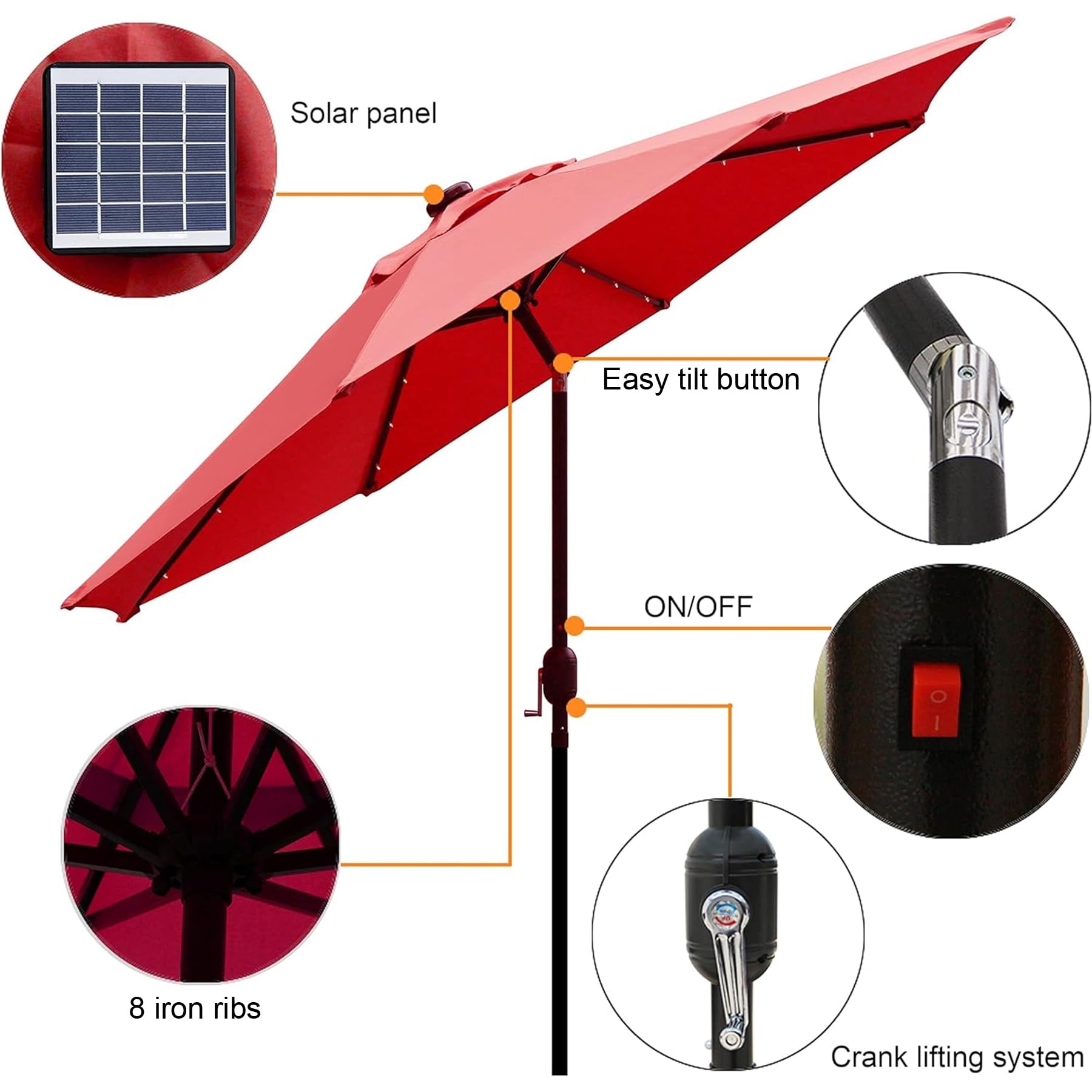 Blissun solar umbrella with 32 LED lighting on ribs brightens evening gatherings.