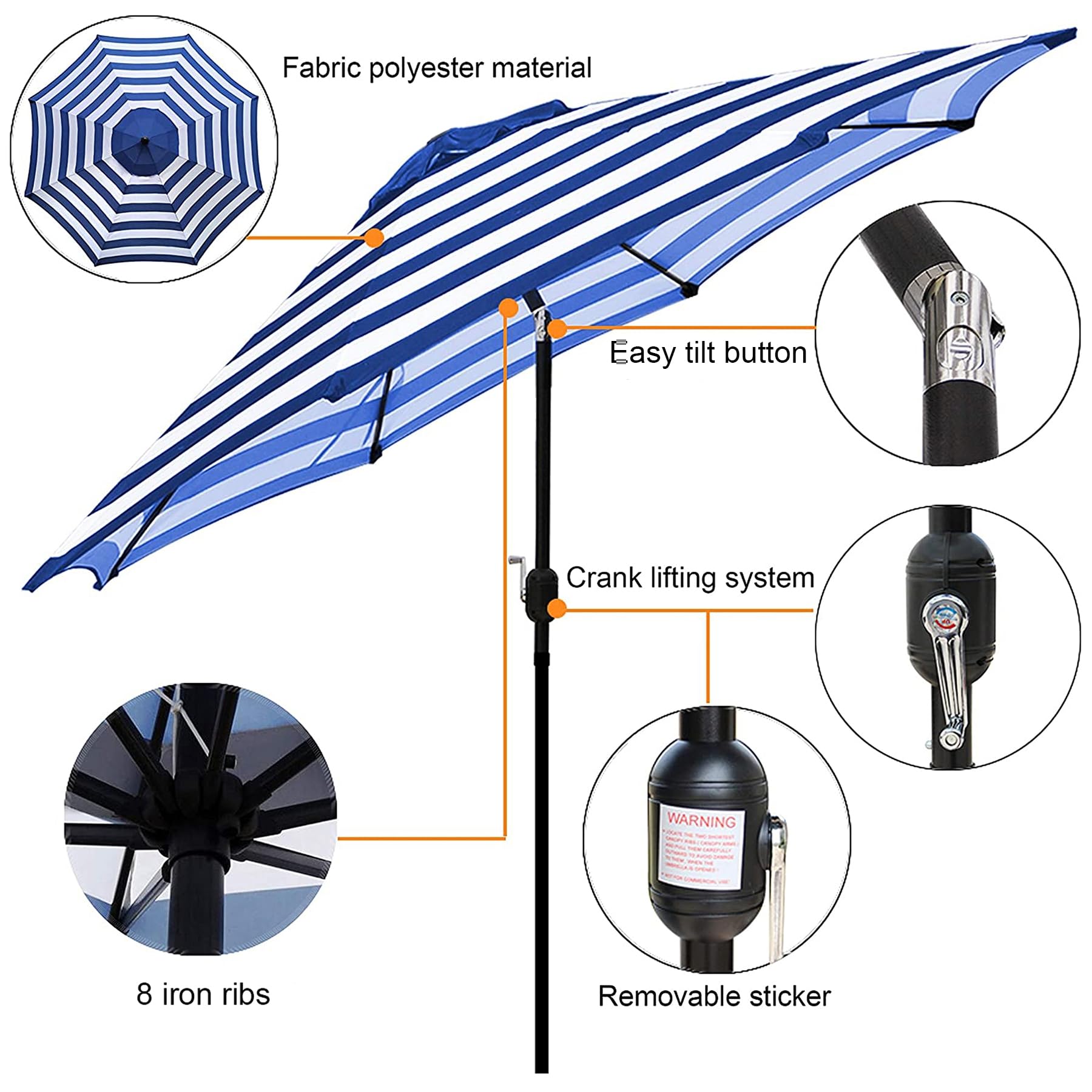 Striped Blissun patio umbrella enhances outdoor seating with stylish, durable shade.