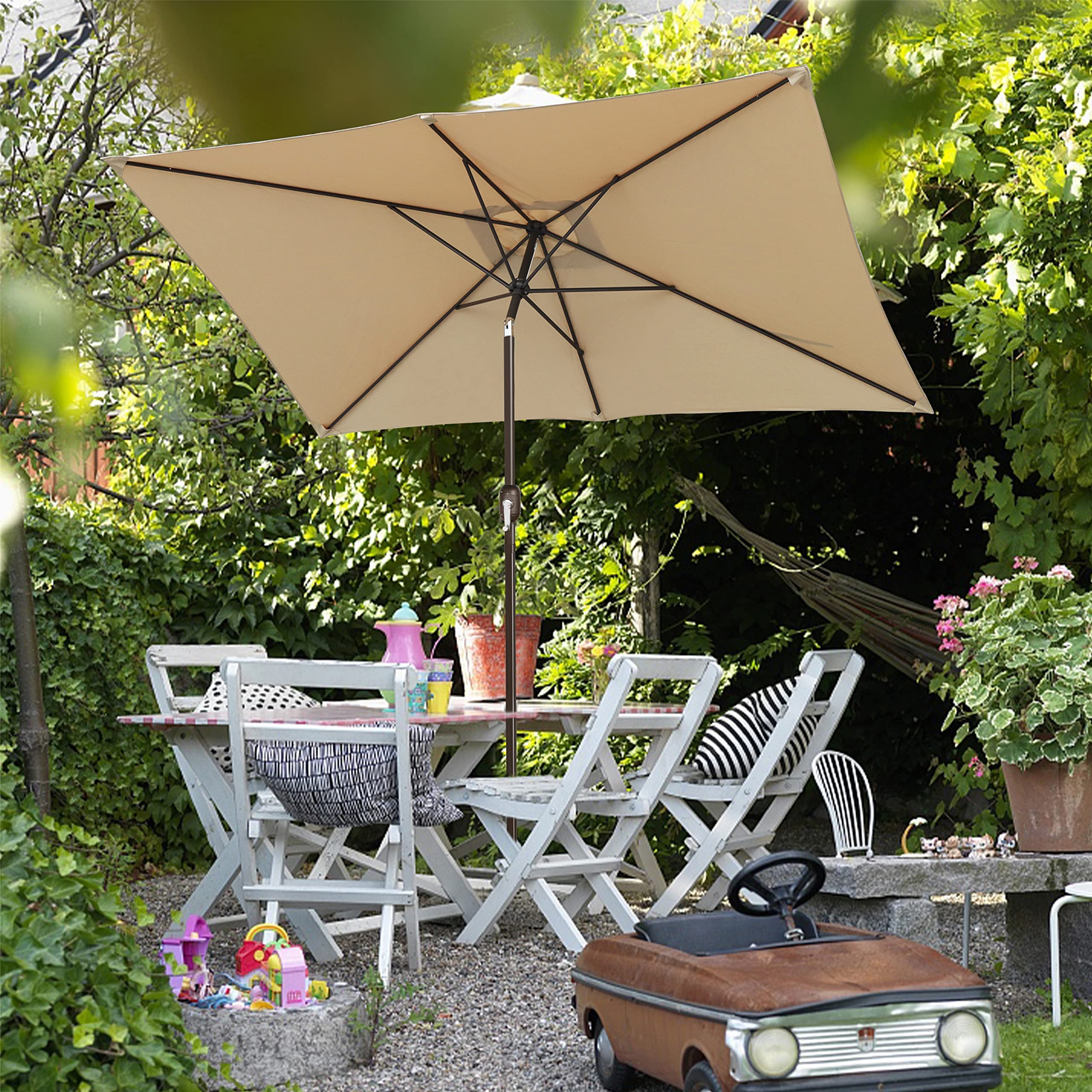Blissun tilt mechanism allows sun angle adjustment for seating areas