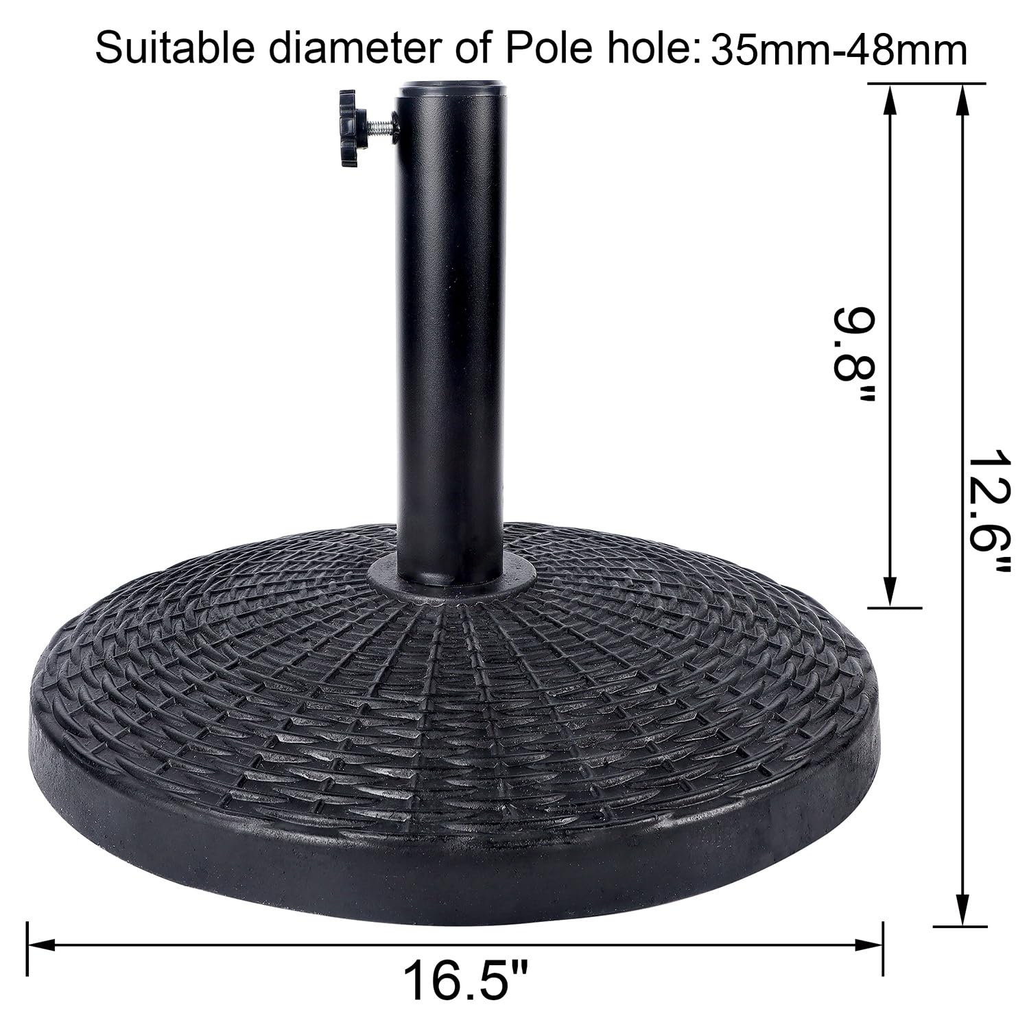 Blissun base showing adjustable piston for umbrellas with 1.38–1.89 inch poles.