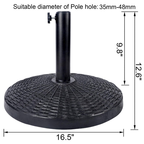 Blissun base showing adjustable piston for umbrellas with 1.38–1.89 inch poles.