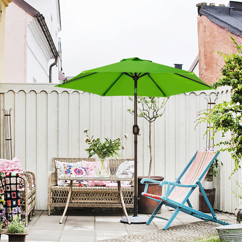 Blissun 7.5 ft umbrella covers 24–36 inch tables for seating.