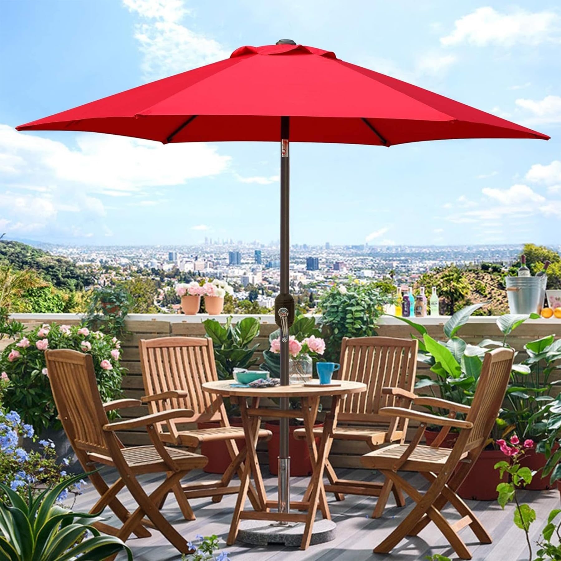 Blissun 7.5 ft diameter shade fits 24–36 inch tables with 2–4 chairs.