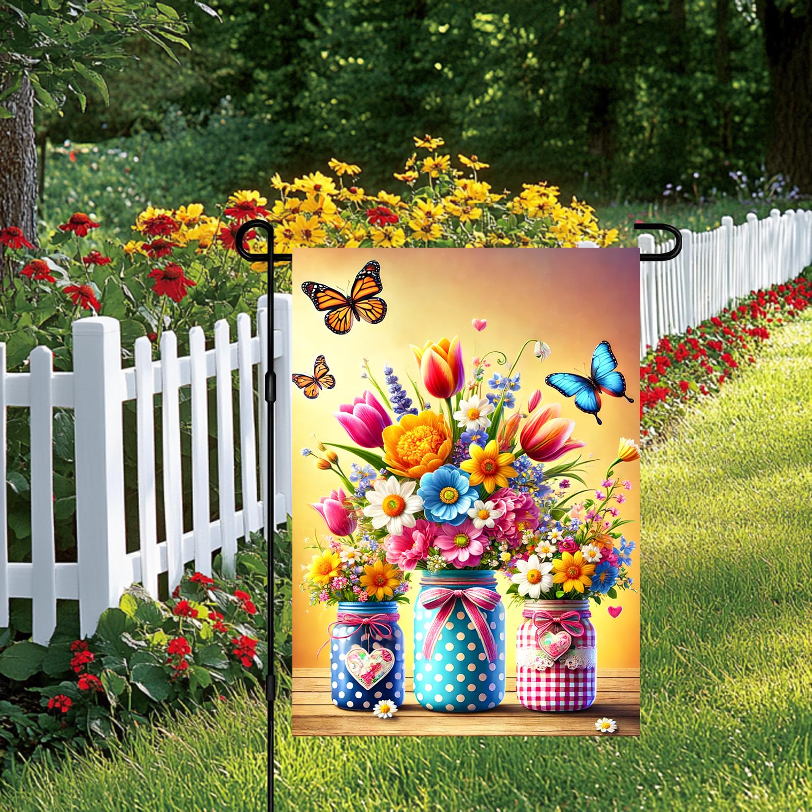 BlissYard 12x18 inch flag display on garden stand, quick setup for charming porch decor.
