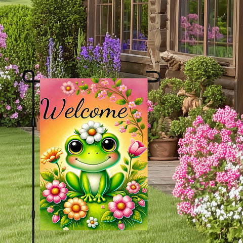 BlissYard cute frog artwork flags bloom with flowers for whimsical outdoor spaces.