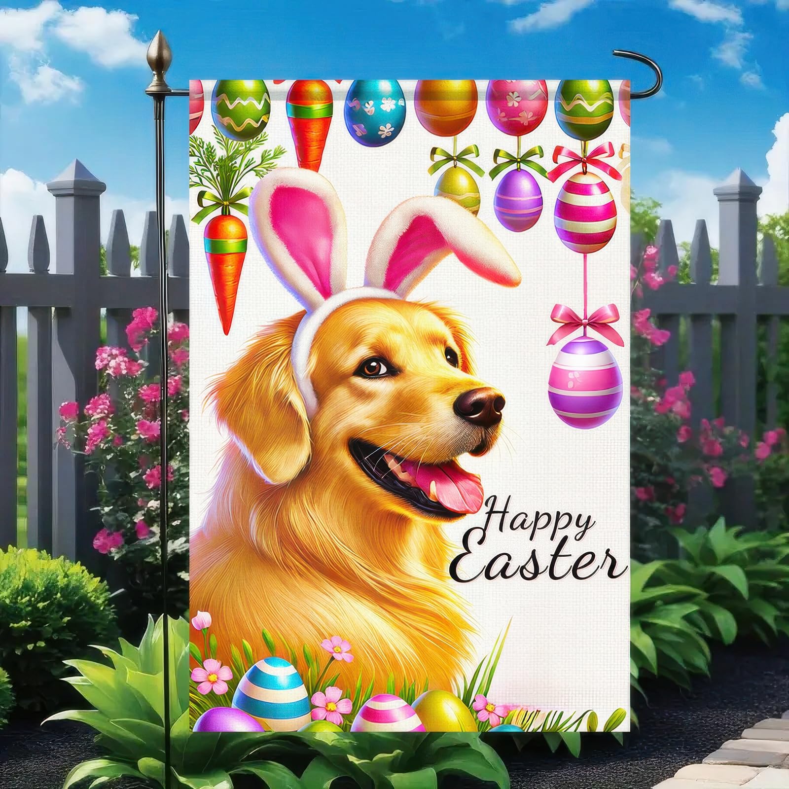 BlissYard flag features dog-with-bunny-ears motif for Easter cheer.