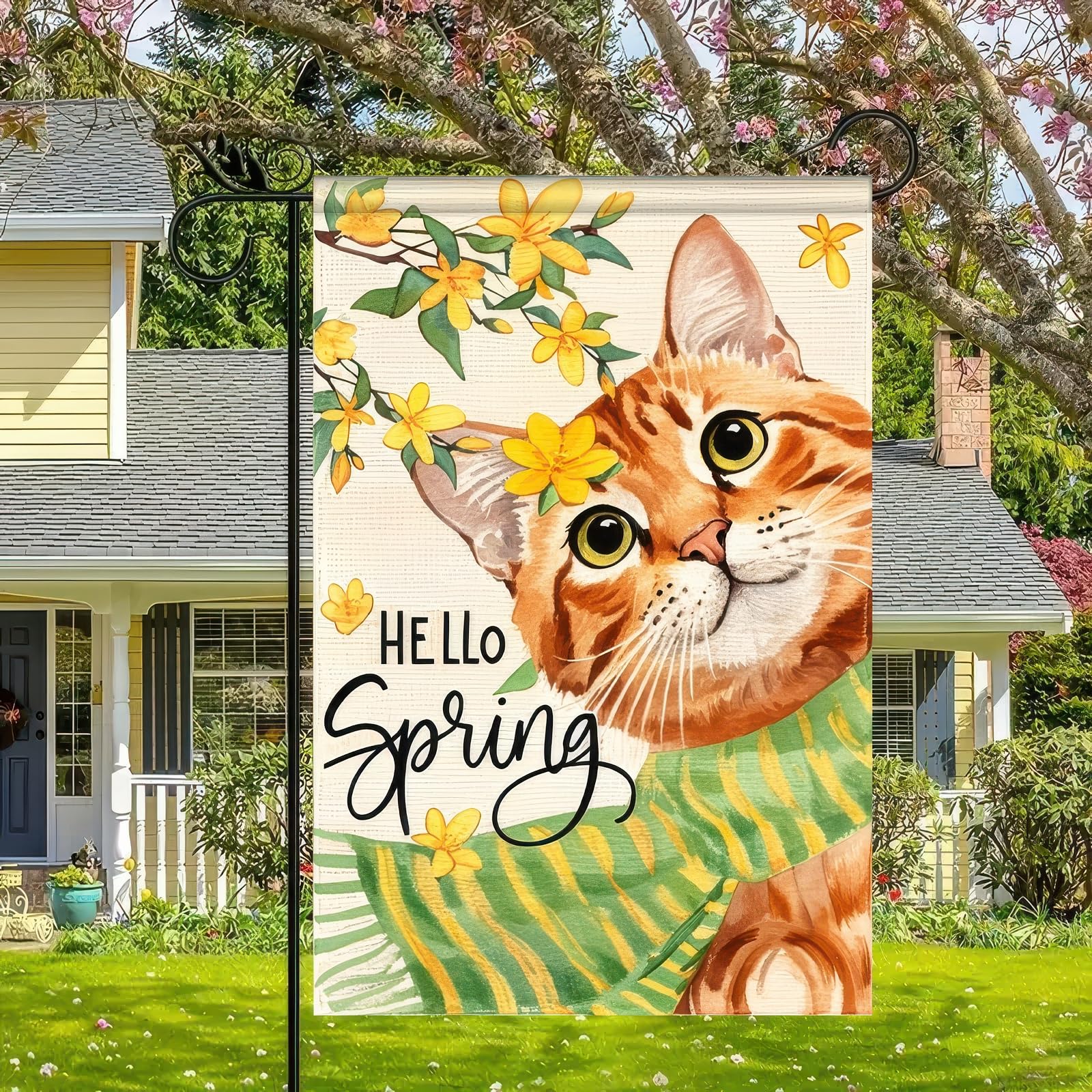 BlissYard flag features orange-cat and yellow-flowers for outdoor charm