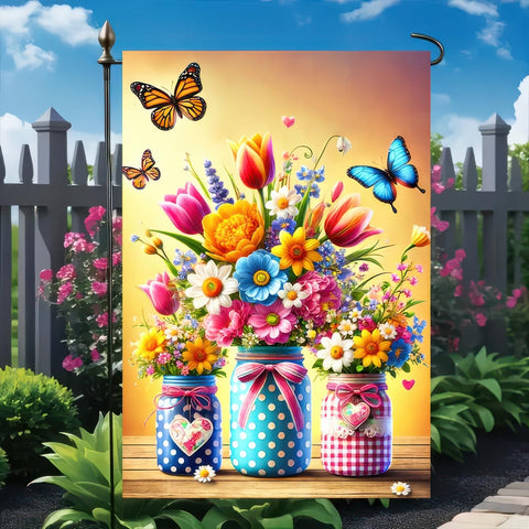 BlissYard double-sided garden flag waving in breeze, readable from both directions for versatile display.