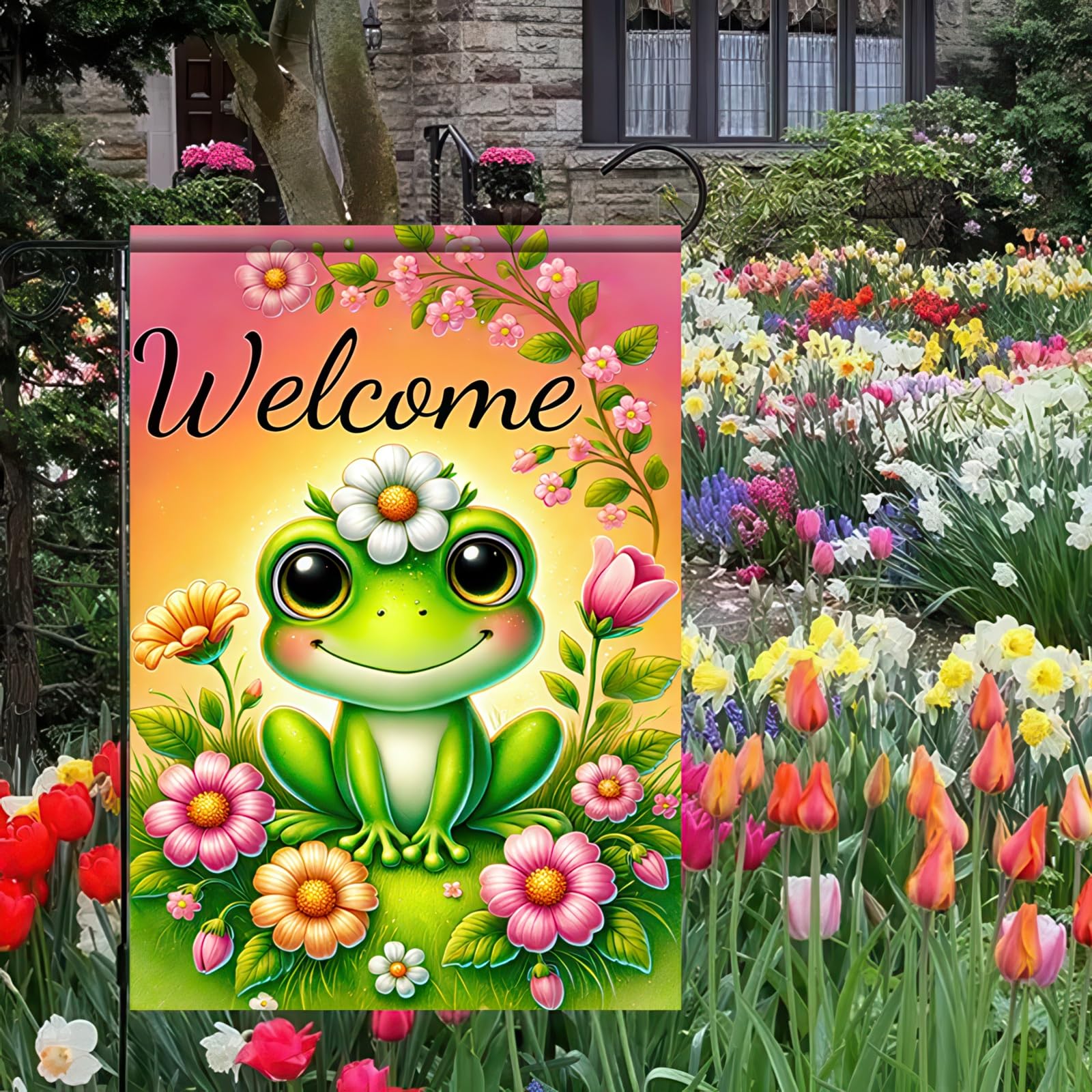 BlissYard easy-hanging flag with top sleeve fits standard garden poles.