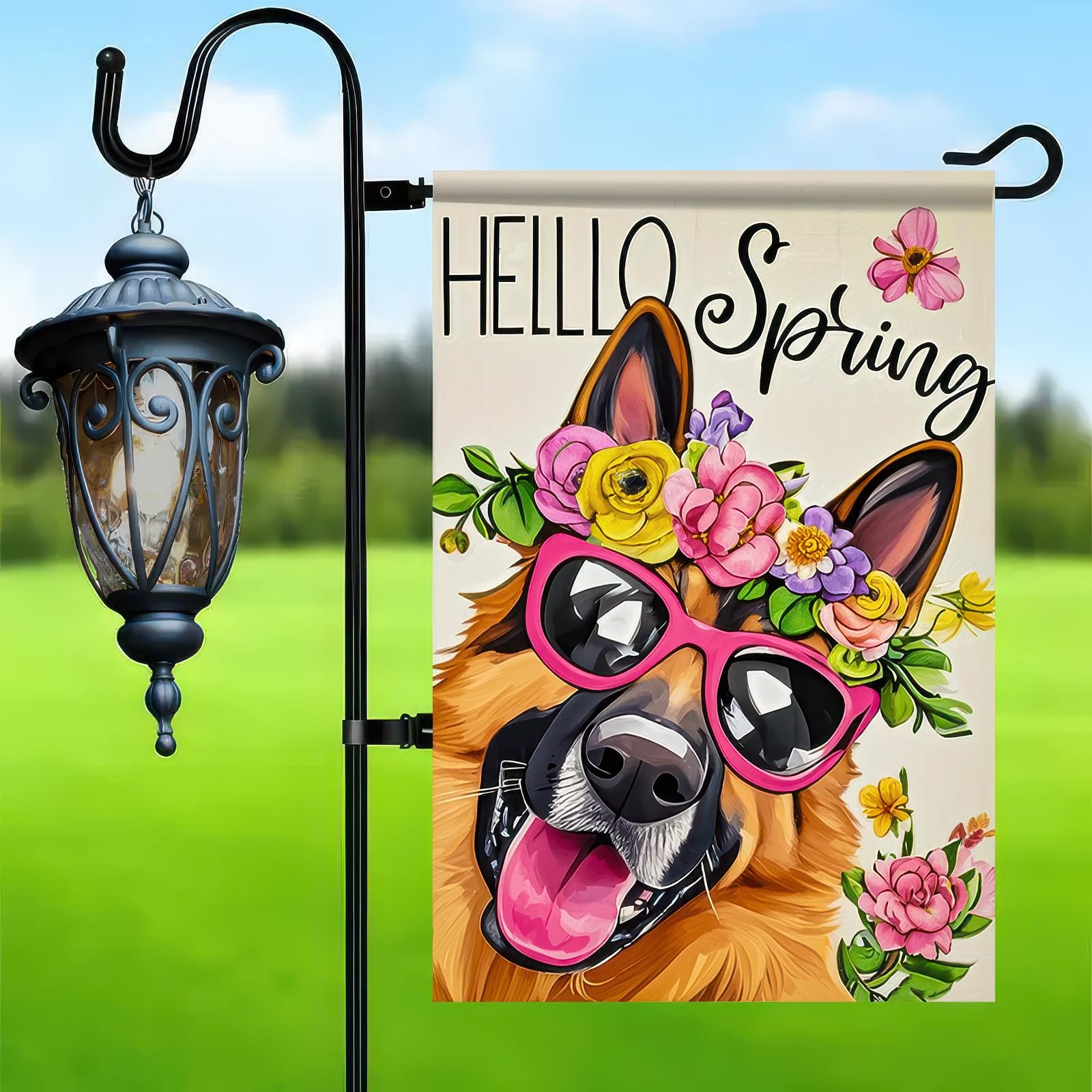 Close-up of BlissYard ello dog wearing sunglasses adds playful floral accents.