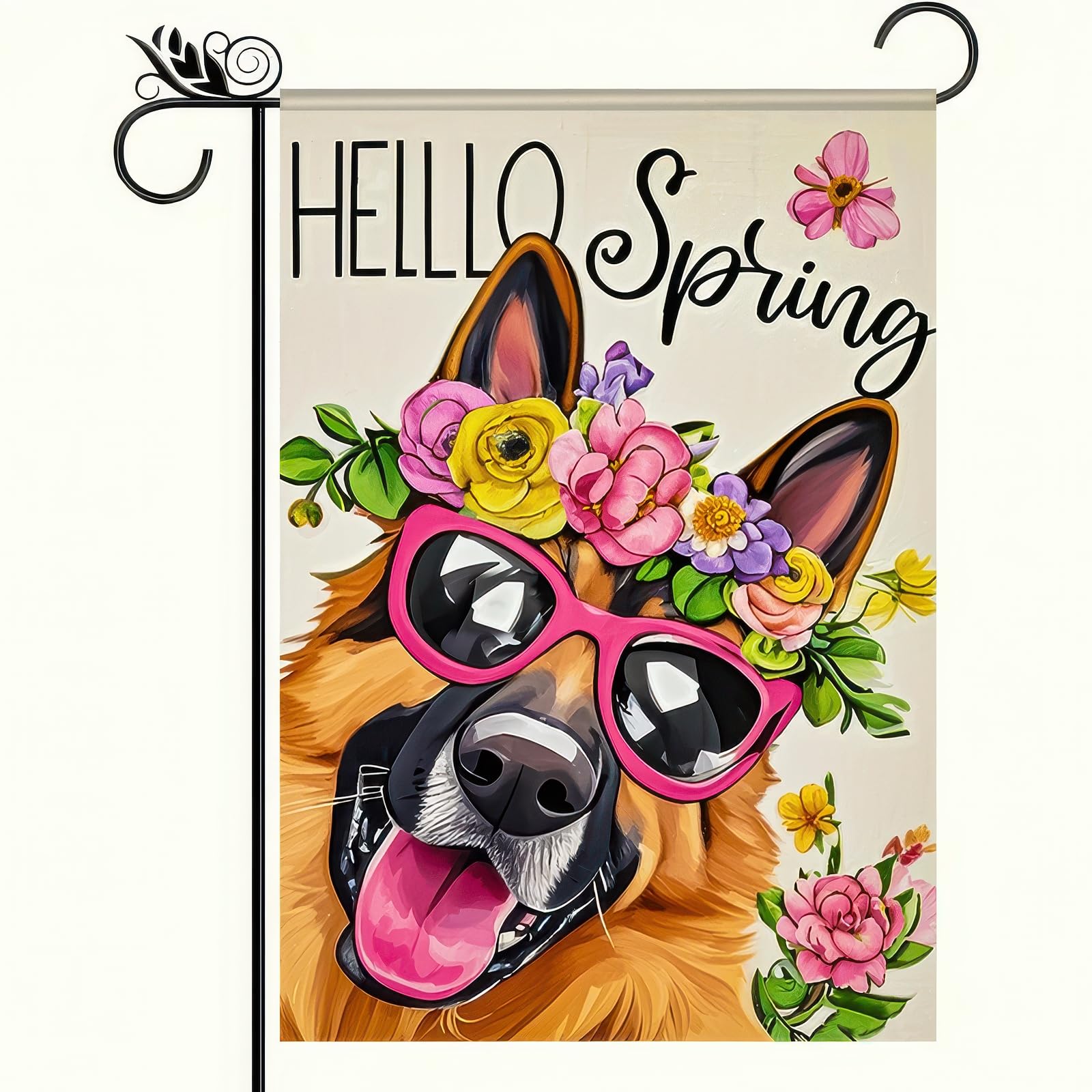 BlissYard ello spring flag with a sunny German Shepherd ready for outdoor décor.
