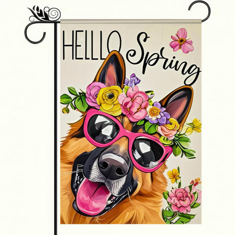 BlissYard ello spring flag with a sunny German Shepherd ready for outdoor décor.