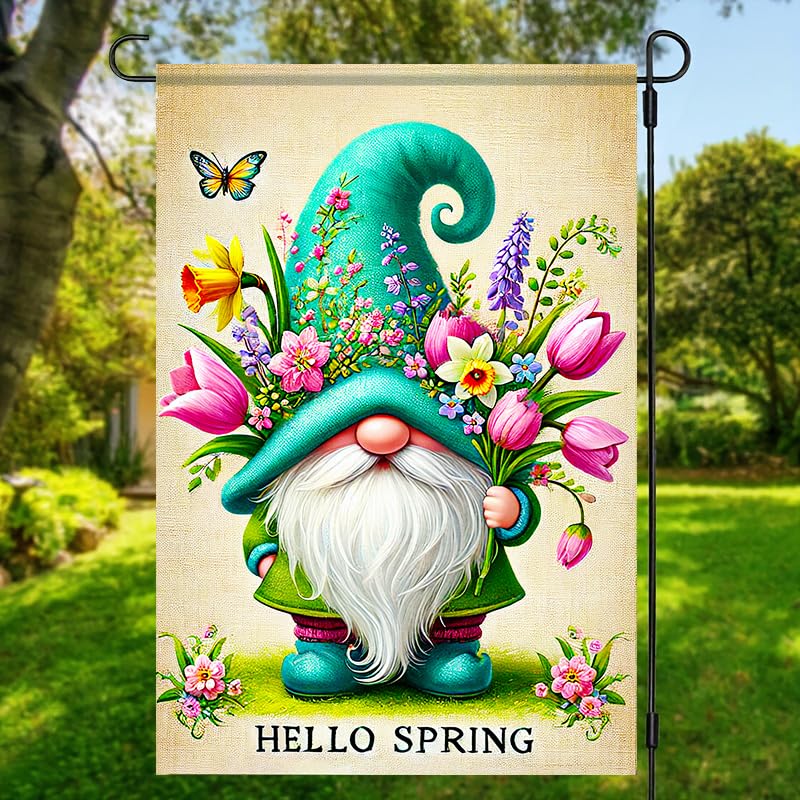 BlissYard Gnome garden flag floral pattern adds rustic charm to patios and gateways.