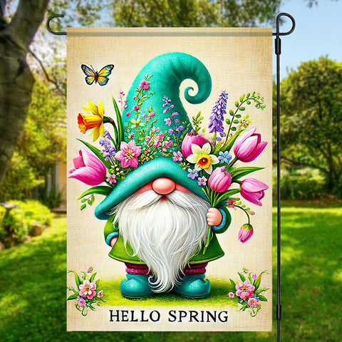 BlissYard Gnome garden flag floral pattern adds rustic charm to patios and gateways.