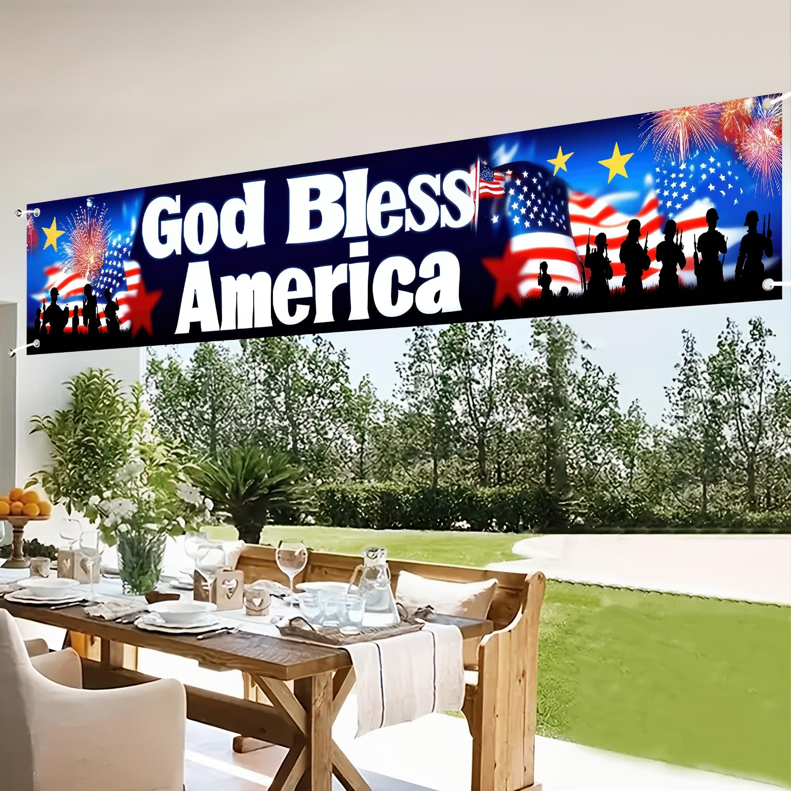 BlissYard God Bless America banner with dramatic background creates a bold patriotic backdrop