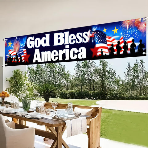 BlissYard God Bless America banner with dramatic background creates a bold patriotic backdrop