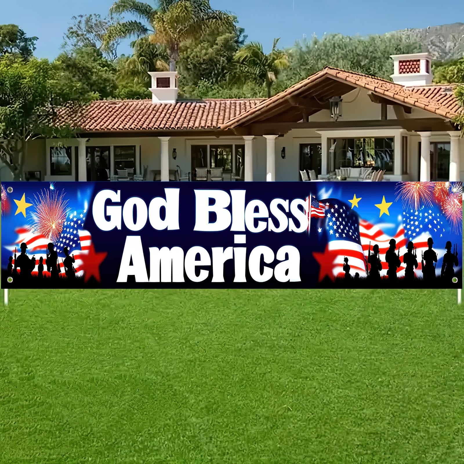 BlissYard God Bless America banner includes easy hanging system for quick setup