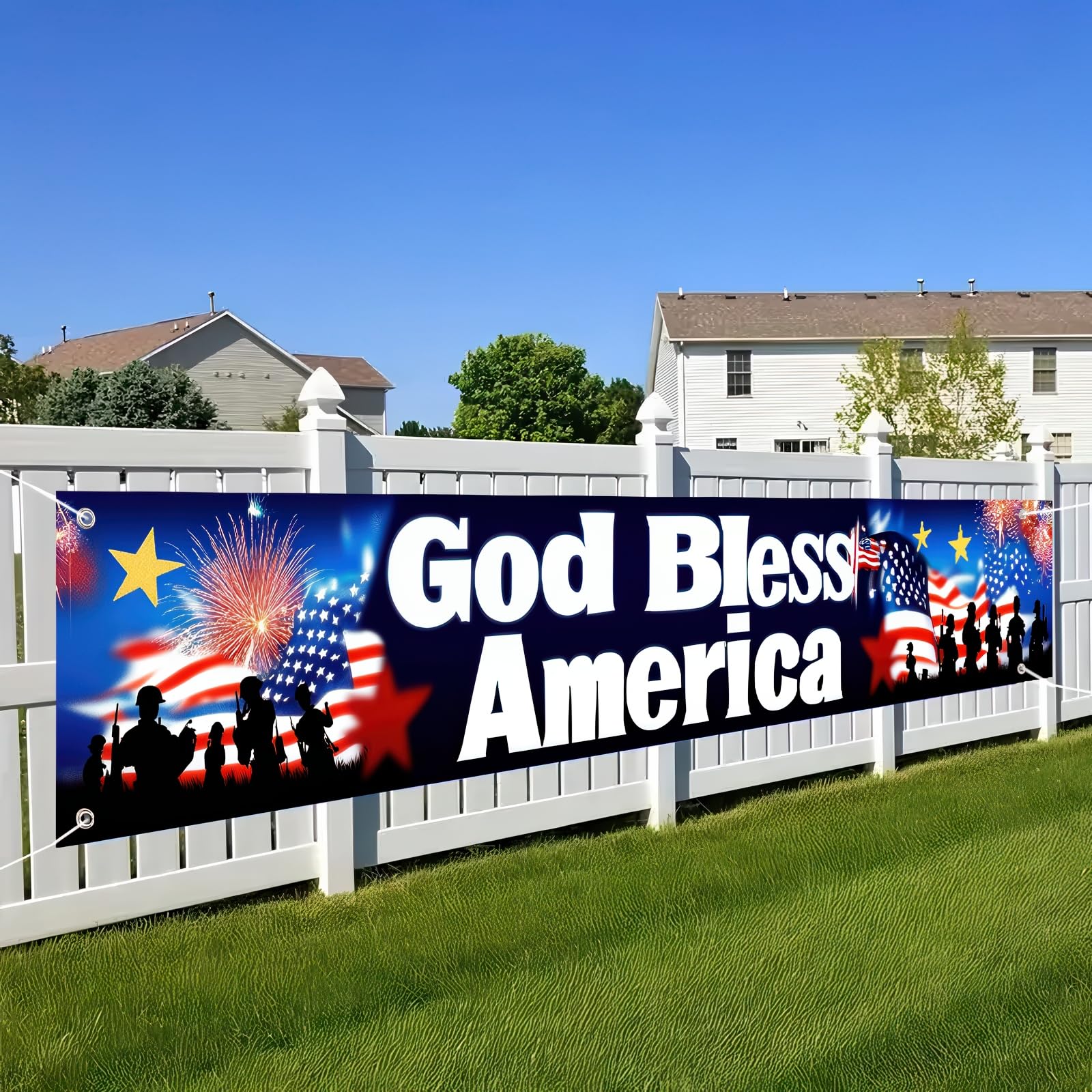 BlissYard God Bless America banner featuring service members silhouettes for meaningful décor